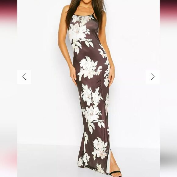 NWT Boohoo 8 Black Floral Back detail Slinky maxi dress - Picture 1 of 9